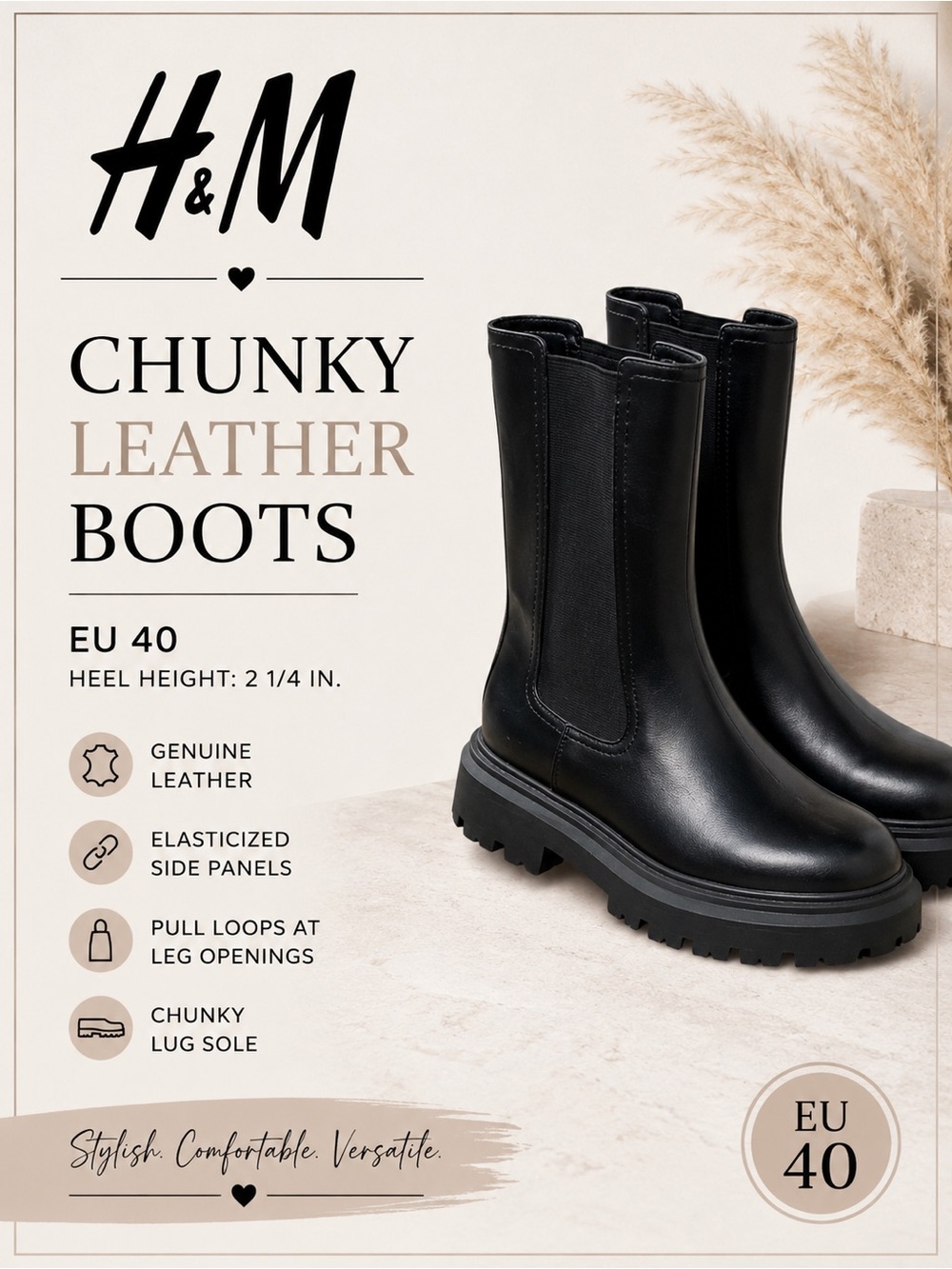 H&M Black Chunky Leather Chelsea Boots EU 40 Lug Sole Platform Boots